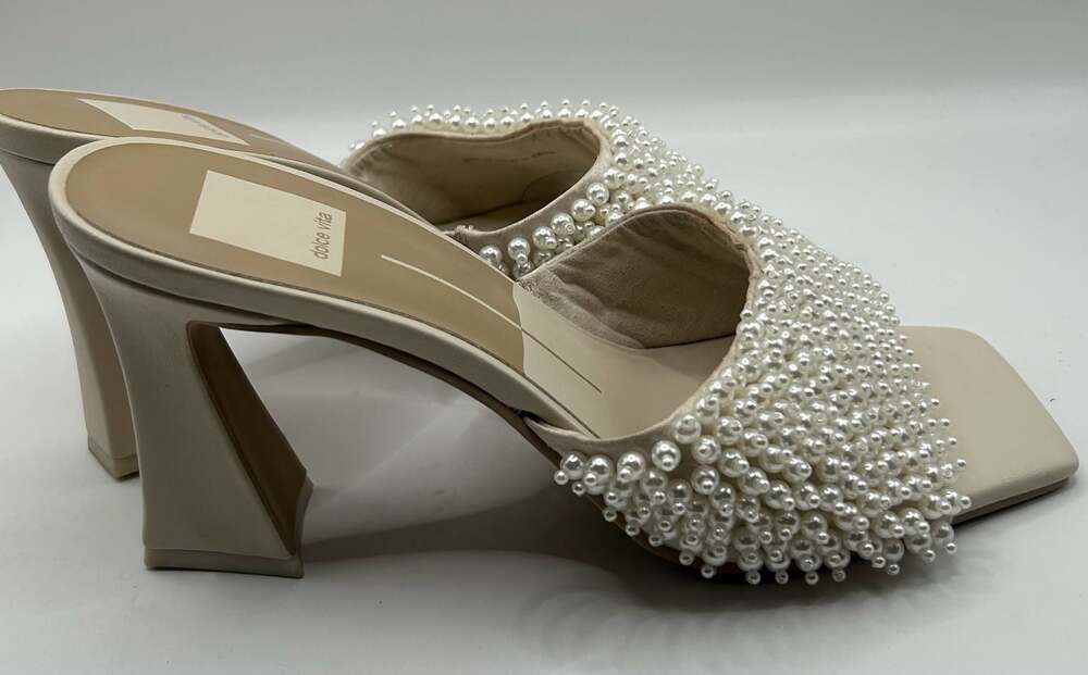 Dolce Vita Pearl Embellished Mule Heels Cream Square Sandals Size 7.5 - Picture 4 of 8